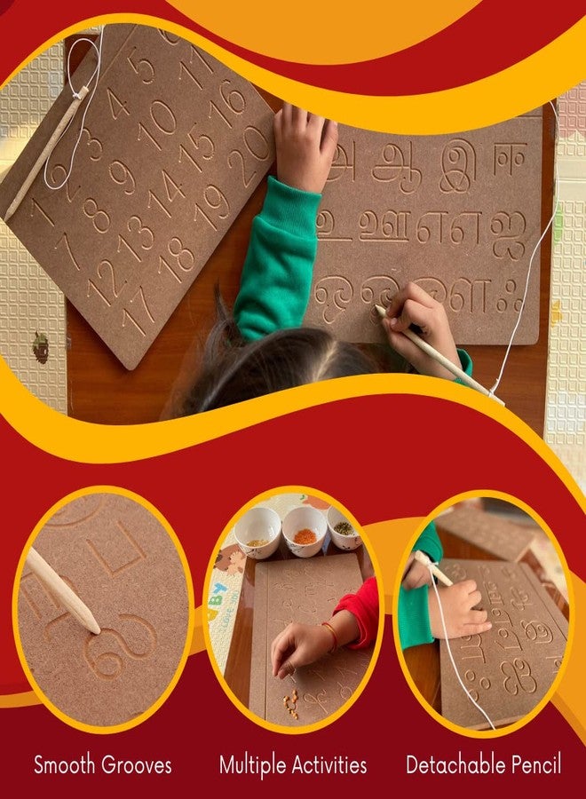 CRYA لوحة تعليمية خشبية من CRYA لتعليم الكتابة اليدوية والعد والتعلم على طريقة مونتيسوري | مجموعة قابلة للعكس من لغزين (اللغة التاميلية، والخط الإنجليزي المتصل، والأرقام) - Image 2